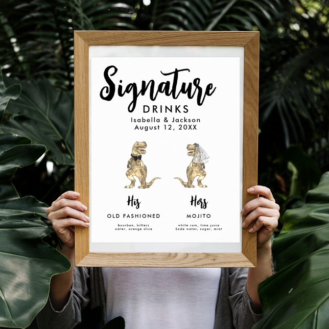 Dinosaur Bröllop Bride and Groom Namnteckning Drin Poster (Funny Dinosaur bride and groom wedding signature drinks poster)