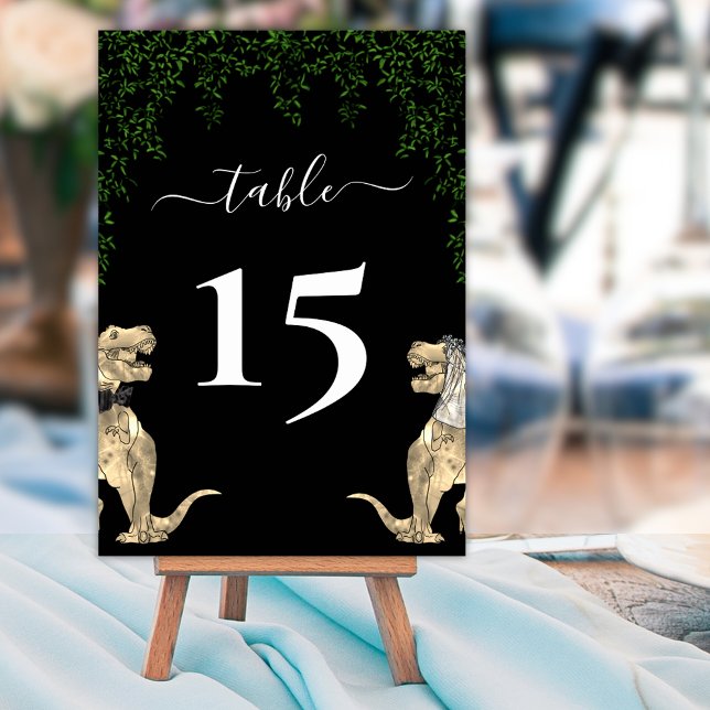 Dinosaur Bröllop Foliage Black & White Bordsnummer (Jurassic Dinosaur destination wedding black and white custom table number card T-Rex bride and groom)