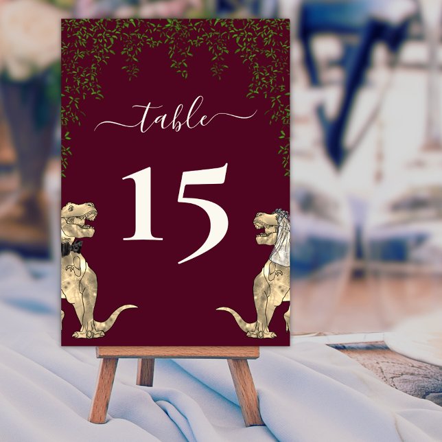 Dinosaur Bröllop Foliage Burgundy & Cream Bordsnummer (Dinosaur wedding foliage burgundy and cream custom table number card elegant script T-Rex dino )