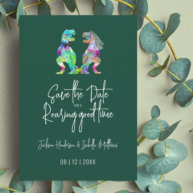 Dinosaur Bröllop Funny T-Rex Bride and Groom Spara Datumet (Dinosaur bride and groom colorful watercolor dino wedding save the date dark green invitation)
