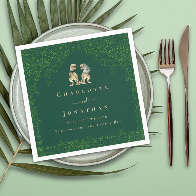 Dinosaur Bröllop Mörk grönt Pappersservett (dinosaur bride and groom wedding Jurassic eucalyptus foliage custom napkins)