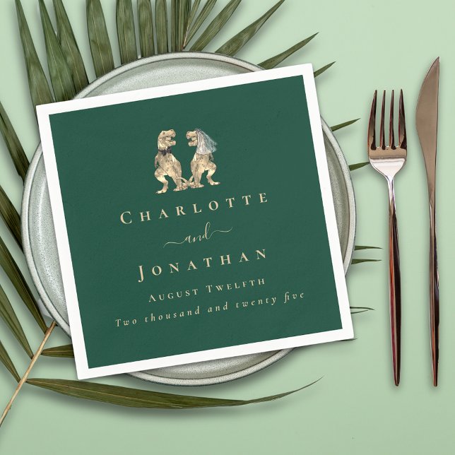 Dinosaur Bröllop Mörkgrön Pappersservett (dinosaur bride and groom wedding dark green Jurassic custom napkins)