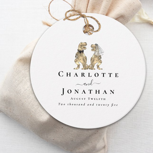 Dinosaur Bröllop Personlig Gåvor Etiketter (Dinosaur bride and groom personalized black and white wedding favor tags Elegant modern script)