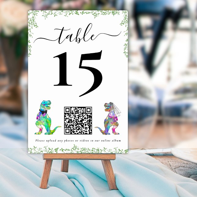 Dinosaur Bröllop QR-kod Bordnummer Bordsnummer (Dinosaur bride and groom custom wedding qr code table number card watercolor foliage)