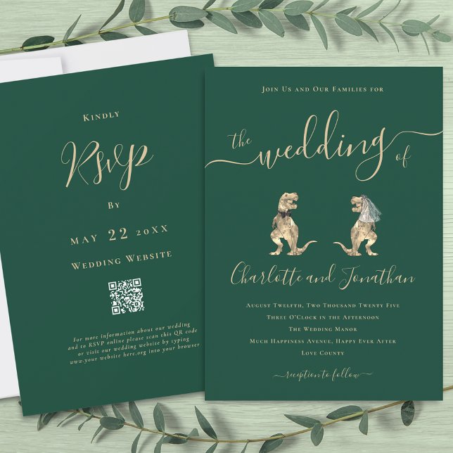 Dinosaur Bröllop QR-kod Inbjudningar (T-Rex bride and groom funny dinosaur wedding dark green qr code invitation Elegant script)