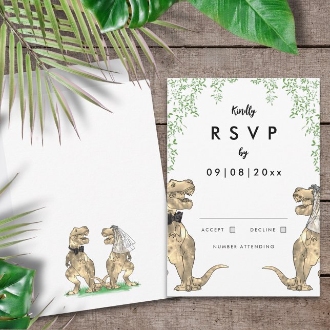 Dinosaur Bröllop Reply OSA Kort (T-Rex bride and groom dinosaur themed wedding invitation RSVP enclosure card)