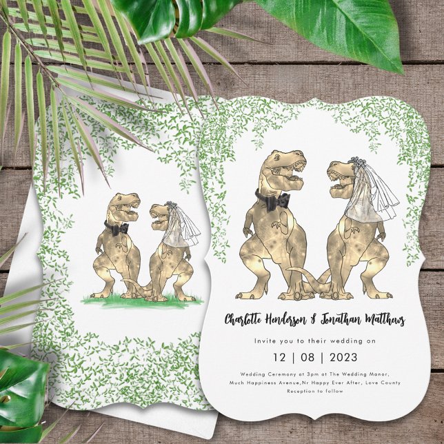 Dinosaur Bröllop T-Rex Bride and Groom Inbjudningar (Dinosaur themed wedding invitation with T-Rex bride and groom and Jurassic jungle foliage)