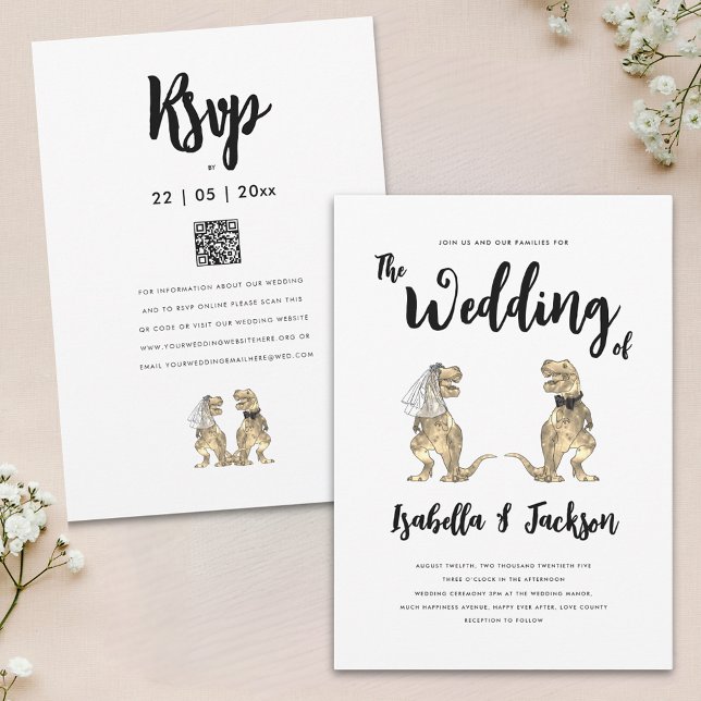Dinosaur Bröllop T-Rex Bride and Groom Inbjudningar (Fun Dinosaur bride and groom modern stylish wedding invitation with QR code)