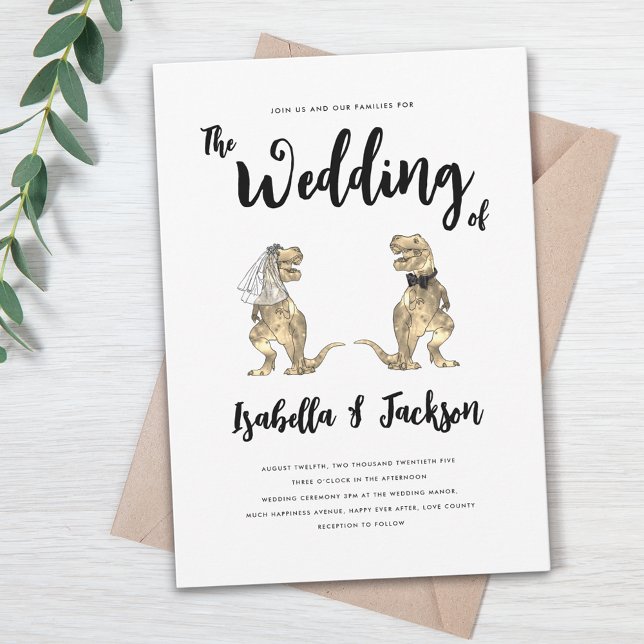 Dinosaur Bröllop T-Rex Bride and Groom Inbjudningar (Dinosaur wedding t-Rex bride and groom modern stylish invitation with whimsical script)