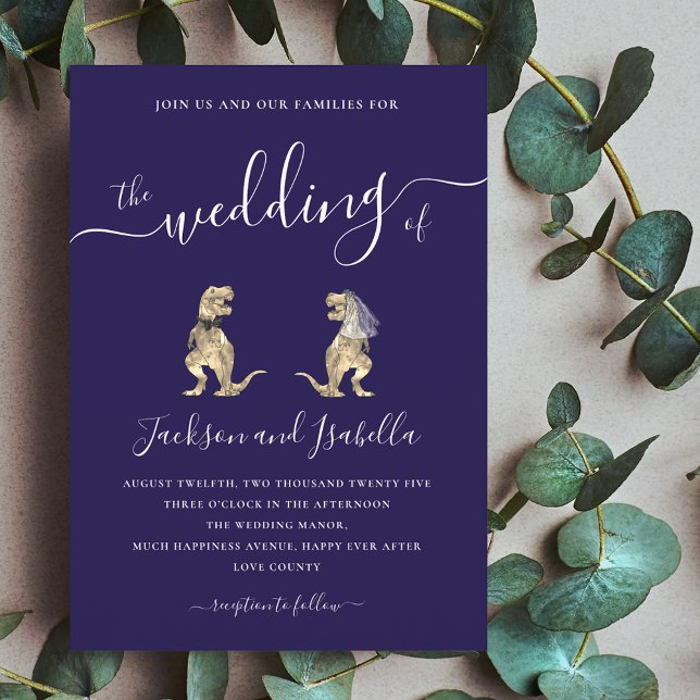 Dinosaur Bröllop T-Rex Bride and Groom Inbjudningar (Dinosaur wedding t-Rex bride and groom navy blue and elegant white script wedding invitation )
