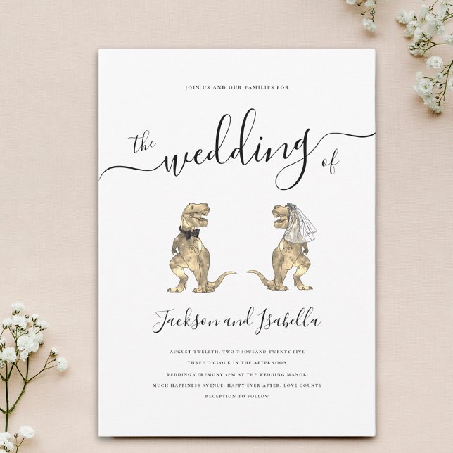 Dinosaur Bröllop T-Rex Bride and Groom Inbjudningar (Minimalist stylish Dinosaur theme wedding invitation with elegant script and T-Rex bride and groom)