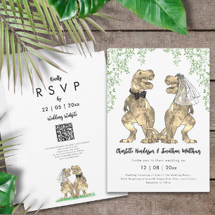 Dinosaur Bröllop T-Rex Bride and Groom QR Code Inbjudningar