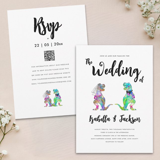 Dinosaur Bröllop T-Rex Brud och Brudgum Inbjudan (Fun dinosaur theme wedding qr code invitation with colorful T-Rex dino bride and groom)