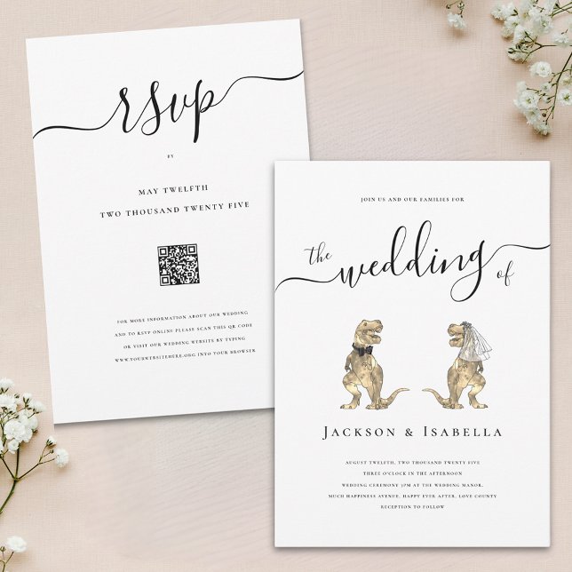 Dinosaur Bröllop T-Rex Brud och Brudgum Inbjudan (Fun Dinosaur theme wedding invitation T-Rex bride and groom elegant modern script and RSVP Qr code)