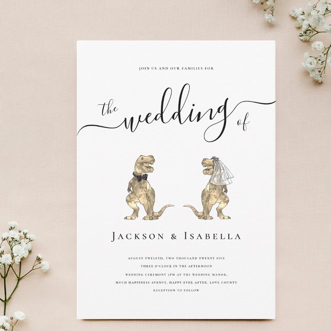 Dinosaur Bröllop T-Rex Brud och Brudgum Inbjudan (Fun Dinosaur theme wedding invitation T-Rex bride and groom elegant modern script minimalist design)
