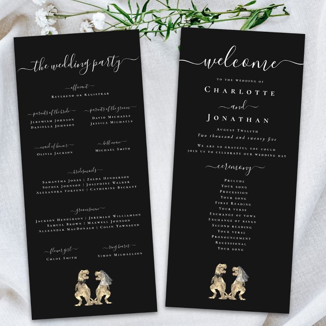 Dinosaur Bröllopsceremoni Svart & Vitt Program (Dinosaur wedding ceremony black & white program card Whimsical modern elegant script T-Rex dino)