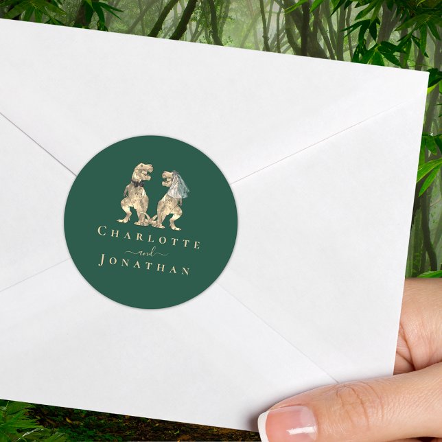 Dinosaur Bröllopskund Runt Klistermärke (T-Rex dinosaur wedding dark green custom sticker Dino bride and groom elegant modern typography )