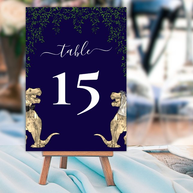 Dinosaur Bröllopslövverk Marinblå & Vit Bordsnummer (Dinosaur wedding navy blue and white custom table number card Elegant modern script T-Rex dino )