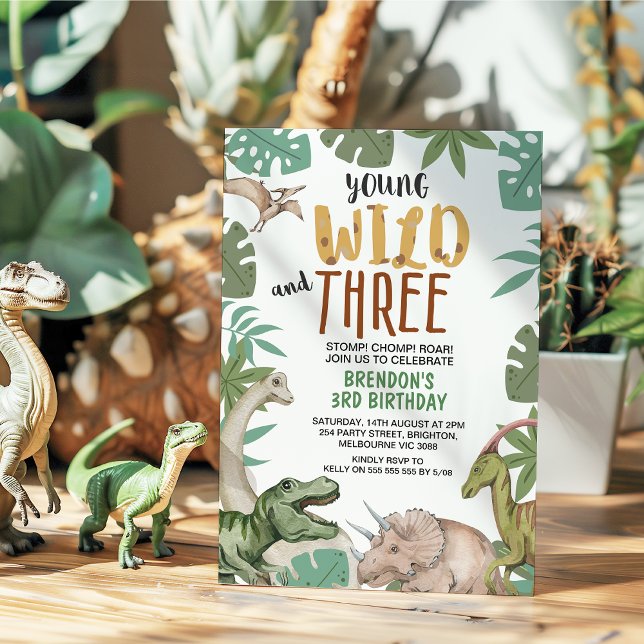 Dinosaur Brown Green Young Wild Three 3rd Birthday Inbjudningar (Dinosaur Young Wild and Three Birthday Invitation, Dinosaurs 3rd Birthday Invitation, Young Wild 3)
