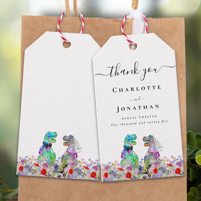 Dinosaur Brud & Brudgum Anpassad Bröllop Tack Presentetikett (Funny Dinosaur wedding T-Rex bride and groom colorful wildflower wedding custom thank you favor tags)