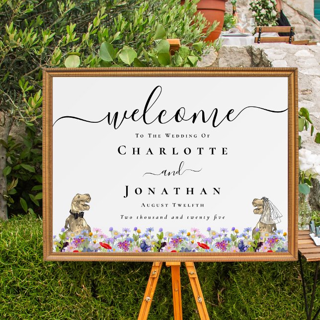 Dinosaur Brud & Brudgum Anpassad Bröllops Hälsning Poster (Funny T-Rex Dinosaur bride & groom custom wedding welcome poster Vibrant colorful wildflower florals)