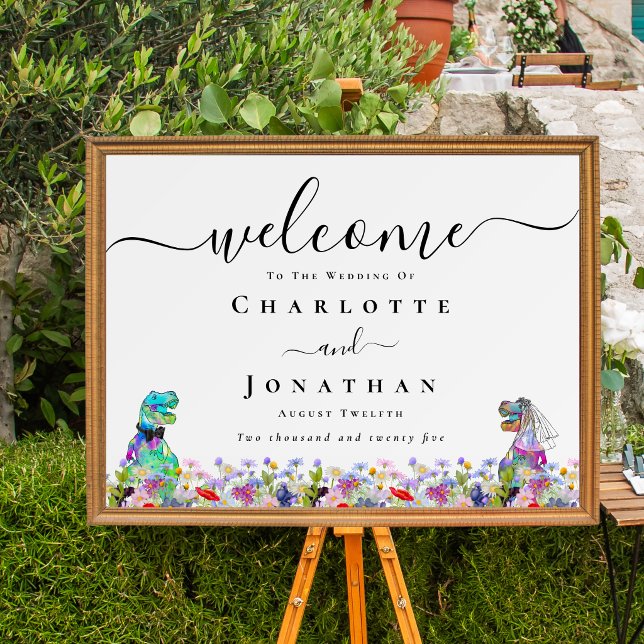 Dinosaur Brud & Brudgum Anpassad Bröllopsvälkomst Poster (Funny T-Rex Dinosaur bride & groom custom wedding welcome poster Vibrant colorful wildflower florals)