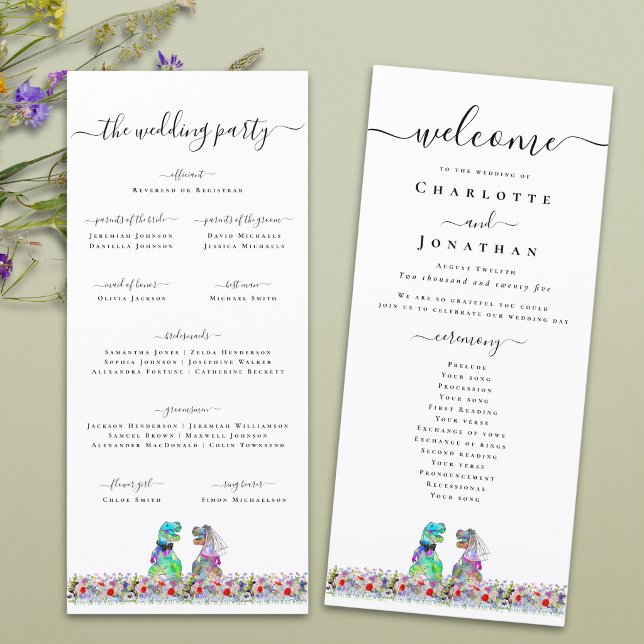 Dinosaur Brud & Brudgum Anpassat Bröllopsprogram Meny (Colorful T-Rex bride and groom funny dinosaur wedding ceremony program card Wildflower meadow)