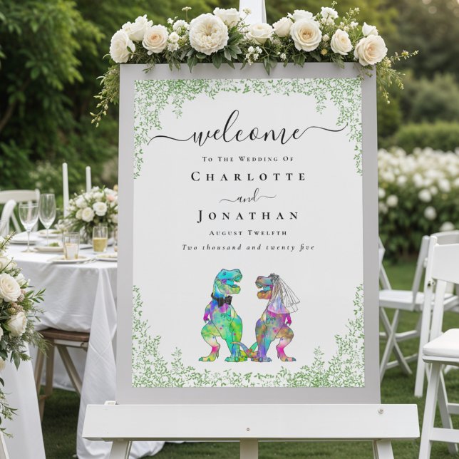 Dinosaur Brud & Brudgum Beställningsbar Välkomstsk Poster (Colorful Dinosaur bride and groom custom wedding welcome poster Watercolor foliage T-Rex dino couple)