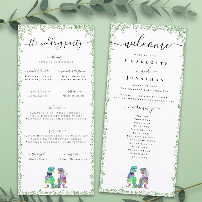 Dinosaur Brud & Brudgum Bröllopsceremoni Program (T-Rex bride and groom funny dinosaur wedding ceremony program card watercolor foliage colorful dino)