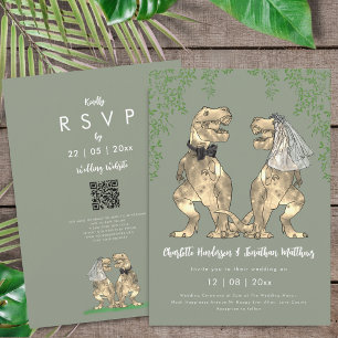 Dinosaur Brud & Brudgum Sage Grön Bröllops QR-kod Inbjudningar