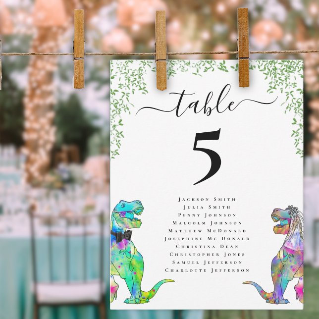 Dinosaur Brud och Brudgum Anpassad Bröllop (Funny Dinosaur bride and groom custom wedding seating chart Watercolor foliage colorful T-Rex dinos)
