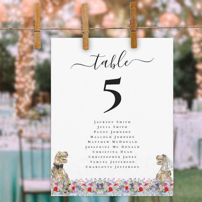 Dinosaur Brud och Brudgum Anpassad Bröllop (Dinosaur bride and groom custom wedding place seating chart Colorful wildflower meadow florals)