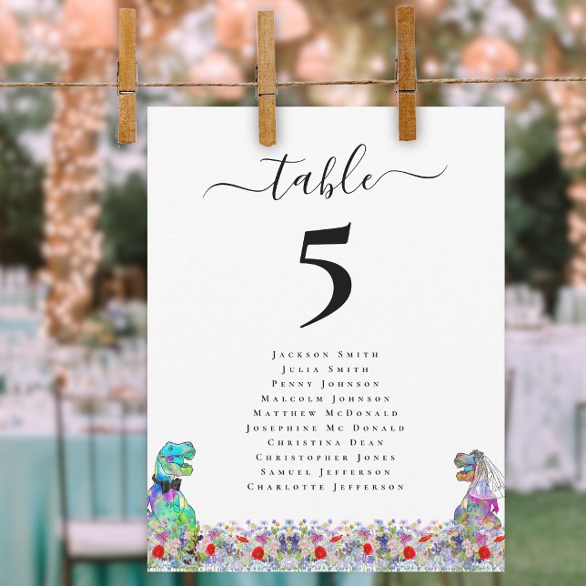 Dinosaur Brud och Brudgum Anpassad Bröllop (Dinosaur bride and groom custom wedding place seating chart watercolor Wildflower meadow florals)