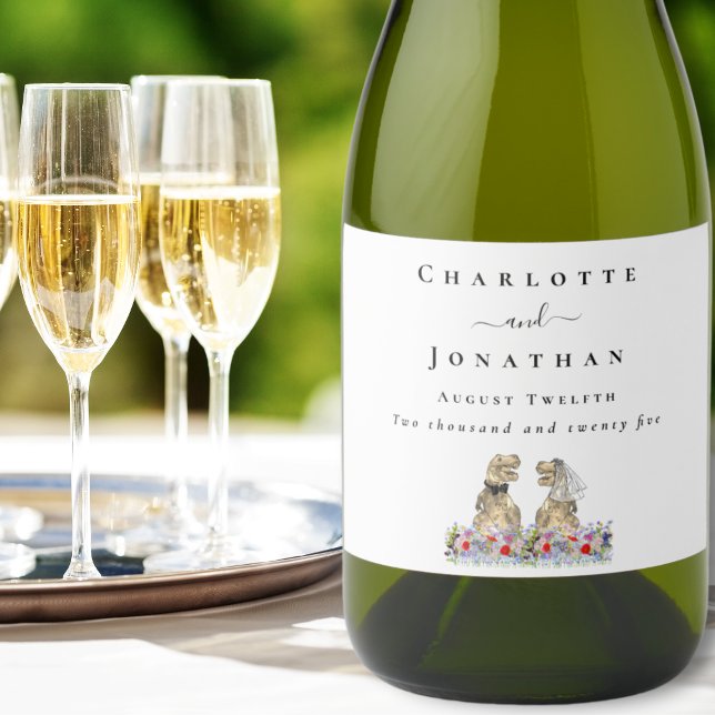 Dinosaur Brud och Brudgum Anpassad Bröllop (Dinosaur themed wedding T-Rex bride & groom colorful wildflower floral  custom sparkling wine labels)