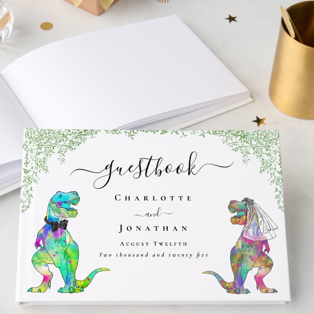 Dinosaur Brud och Brudgum Anpassad Bröllop Gästböcker (Funny Dinosaur bride and groom custom wedding guestbook Watercolor foliage colorful T-Rex Dino)