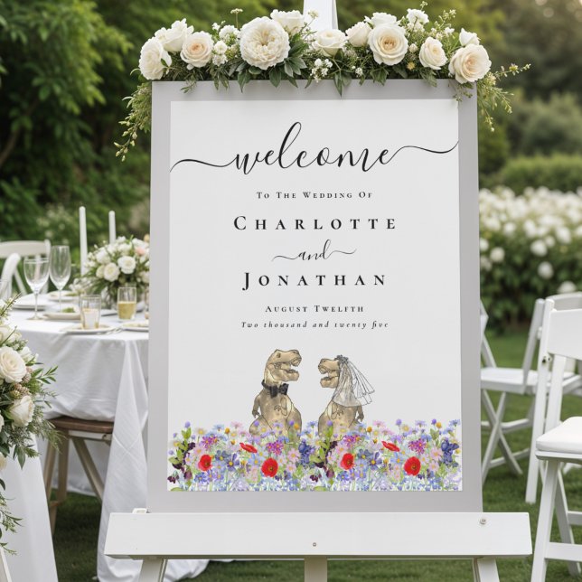 Dinosaur Brud och Brudgum Anpassad Bröllops Hälsni Poster (Dinosaur bride and groom custom wedding welcome sign Poster boho wildflower meadow colorful florals)