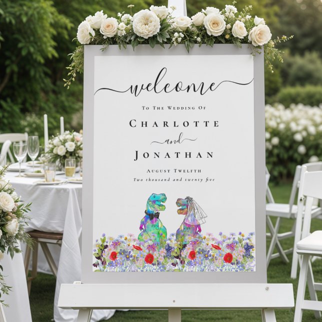 Dinosaur Brud och Brudgum Anpassad Bröllopsvälkoms Poster (Dinosaur bride and groom wedding welcome sign poster vibrant Colorful watercolor wildflower florals )