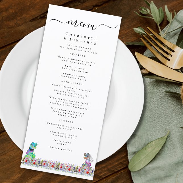 Dinosaur Brud och Brudgum Bröllopsmeny Meny (Colorful Funny dinosaur bride and groom wedding menu with with wildflower florals )