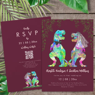 Dinosaur Burgundy Rosé Pink Bröllops QR-kod Inbjudningar