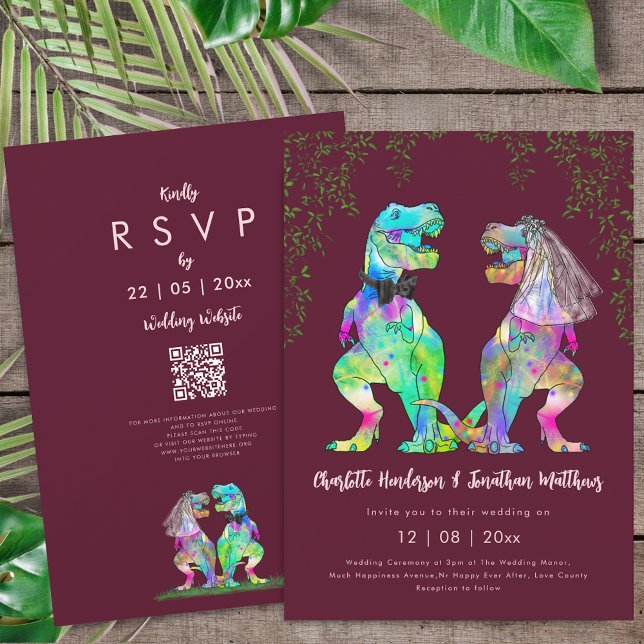 Dinosaur Burgundy Rosé Pink Bröllops QR-kod  Inbjudningar (Colorful T-Rex bride and groom dinosaur burgundy blush pink wedding qr code invitation)
