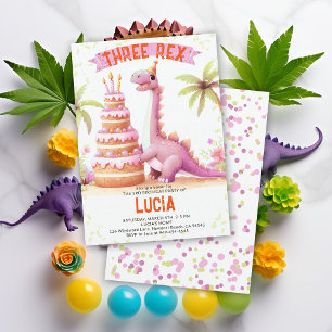 Dinosaur Cake Three Rex Watercolor Girl Birthday Inbjudningar