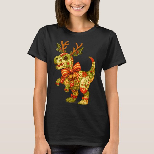 Dinosaur Christmas Season Patchwork T-rex Squad Fa T Shirt (Framsida)