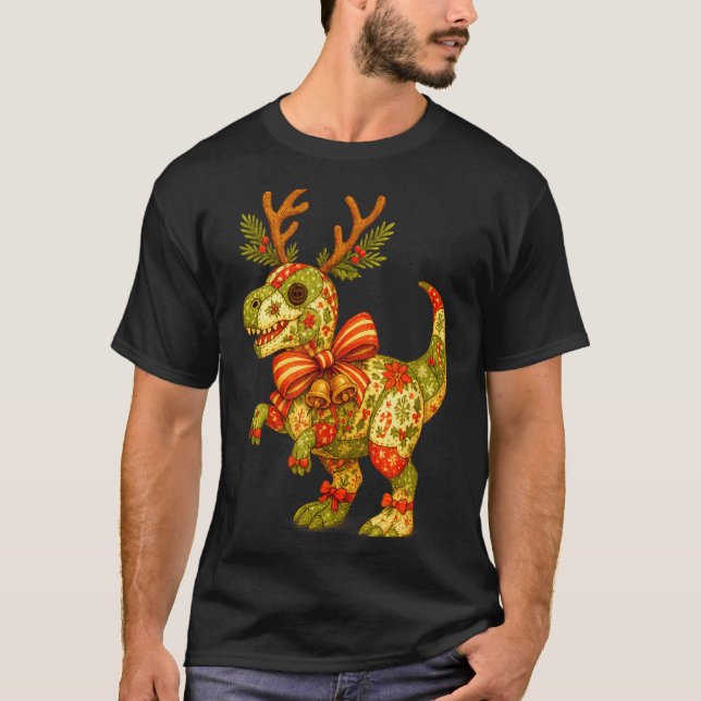 Dinosaur Christmas Season Patchwork T-rex Squad Fa T Shirt (Framsida)
