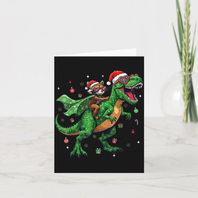 Dinosaur Christmas T Rex Raccoon Santa Holiday  Kort (Framsida)