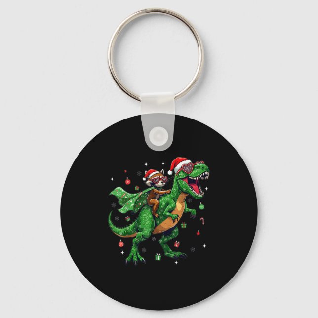 Dinosaur Christmas T Rex Raccoon Santa Holiday  Nyckelring (Framsida)