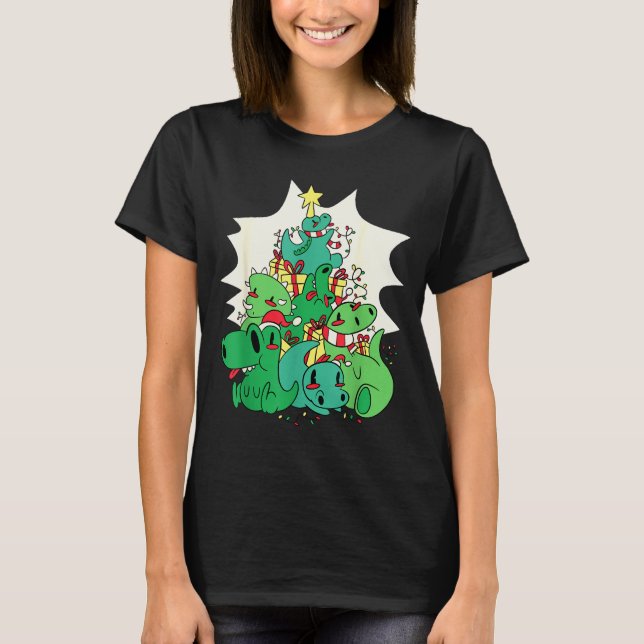 Dinosaur Christmas Tree Cartoons Holiday Tyrannosa T Shirt (Framsida)