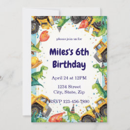 Dinosaur Construction Truck Birthday Invitatio Inbjudningar
