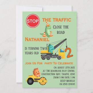 Dinosaur Construction Vehicle 2nd Birthday Party Inbjudningar