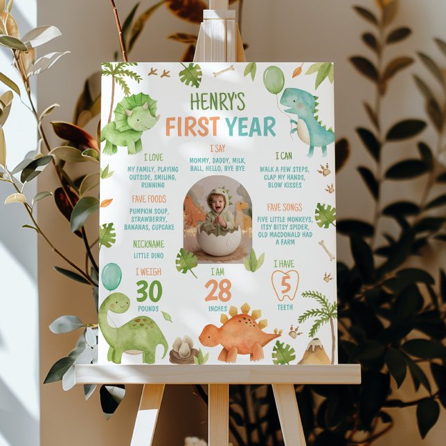 Dinosaur Cute Boy 1st Birthday Milestone Photo Poster (Skapare uppladdad)