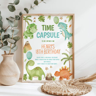Dinosaur Cute Boy Birthday Party Time Capsule Sign Poster
